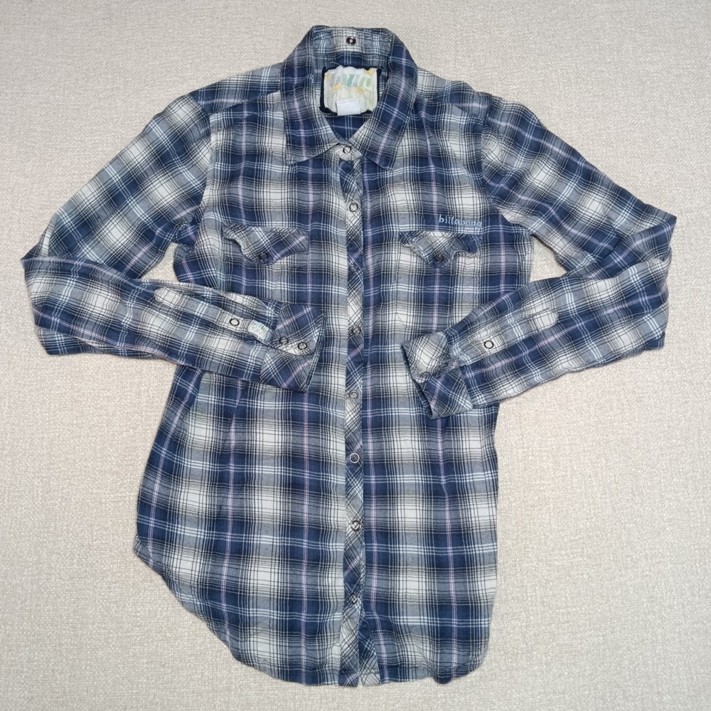 Y2K Billabong Womens M Blue Plaid Snap Front Flannel Shirt Cotton Sellout Logo